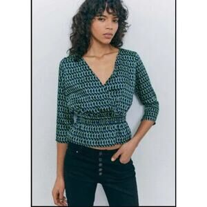 IKKS Graphic Print Wrap Peplum Blouse OpticArt Size 4